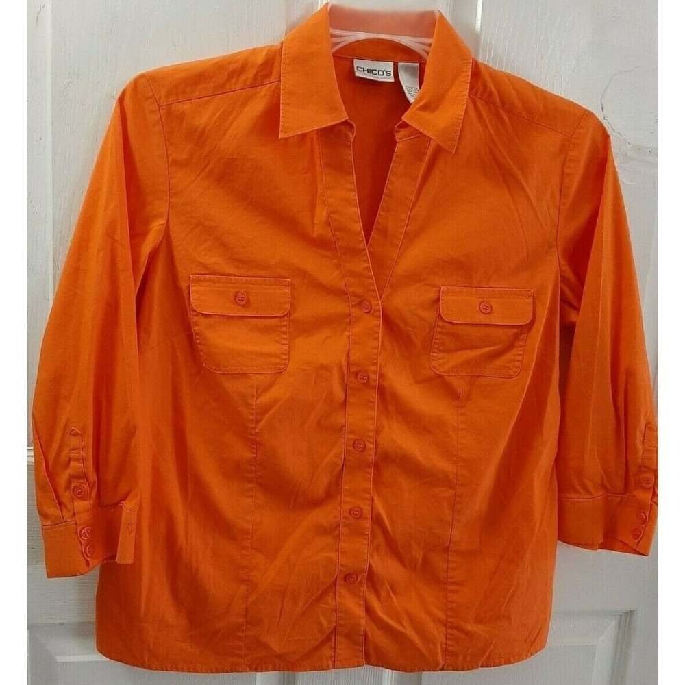 CHICO'S Women's 3/4 Sleeve, Collared V-Neck Orange